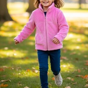 Girls Pink Plush Faux Fur Zip-Up Jacket